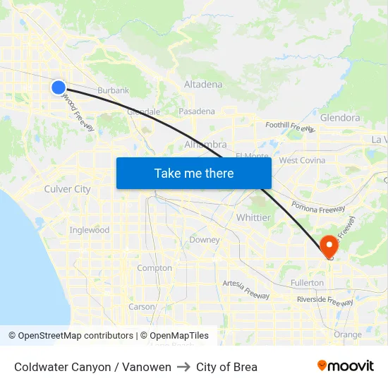 Coldwater Canyon / Vanowen to City of Brea map