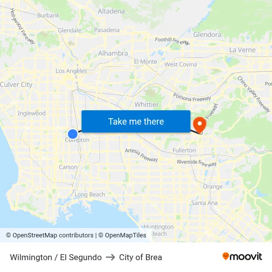 Wilmington / El Segundo to City of Brea map
