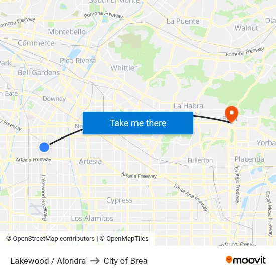 Lakewood / Alondra to City of Brea map