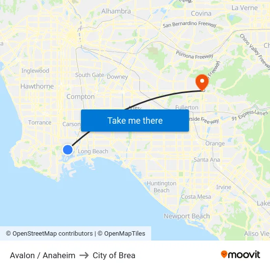 Avalon / Anaheim to City of Brea map