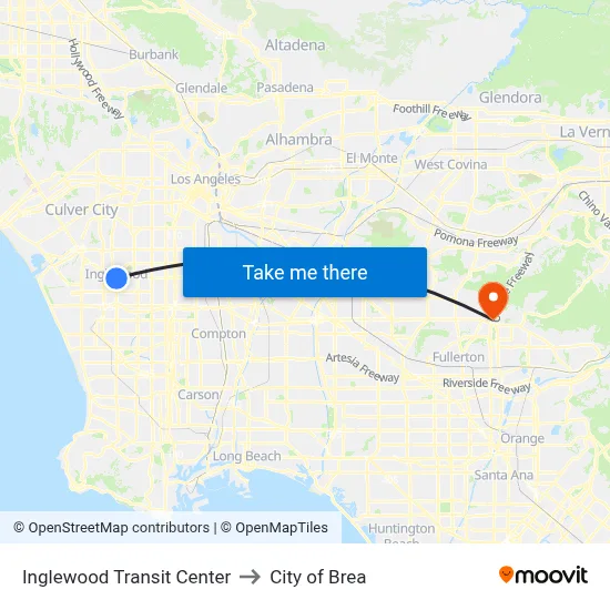 Inglewood Transit Center to City of Brea map