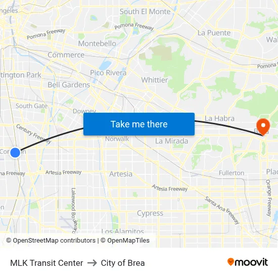 MLK Transit Center to City of Brea map