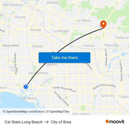 Cal State Long Beach to City of Brea map