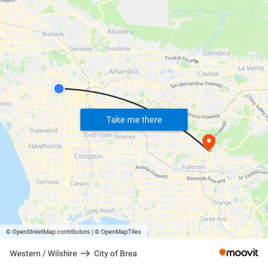 Western / Wilshire to City of Brea map