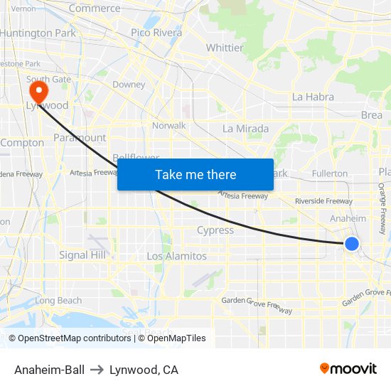 Anaheim-Ball to Lynwood, CA map