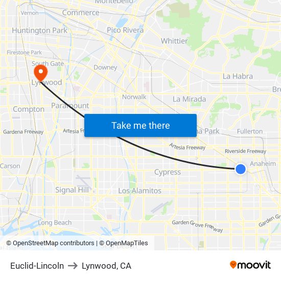 Euclid-Lincoln to Lynwood, CA map