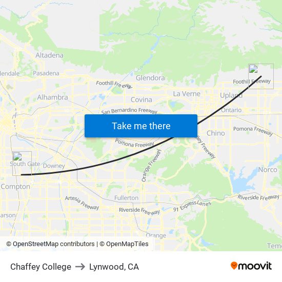 Chaffey College to Lynwood, CA map