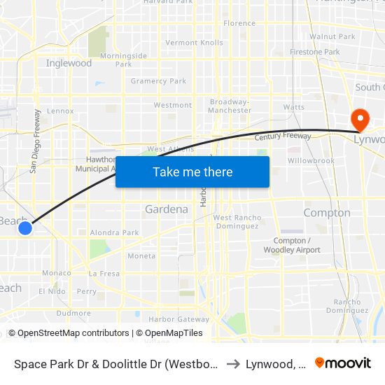Space Park Dr & Doolittle Dr (Westbound) to Lynwood, CA map