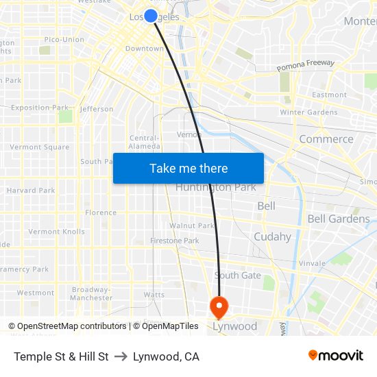 Temple St & Hill St to Lynwood, CA map