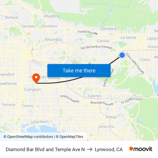 Diamond Bar Blvd and Temple Ave N to Lynwood, CA map