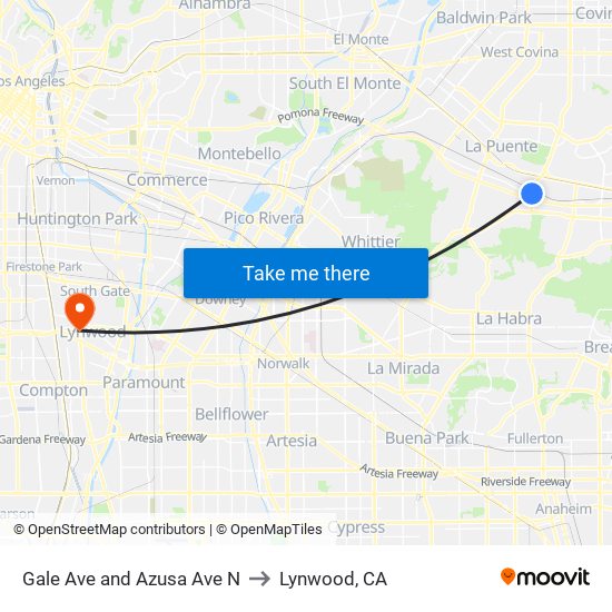 Gale Ave and Azusa Ave N to Lynwood, CA map