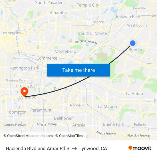 Hacienda Blvd and Amar Rd S to Lynwood, CA map