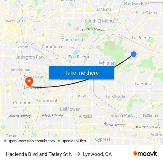 Hacienda Blvd and Tetley St N to Lynwood, CA map