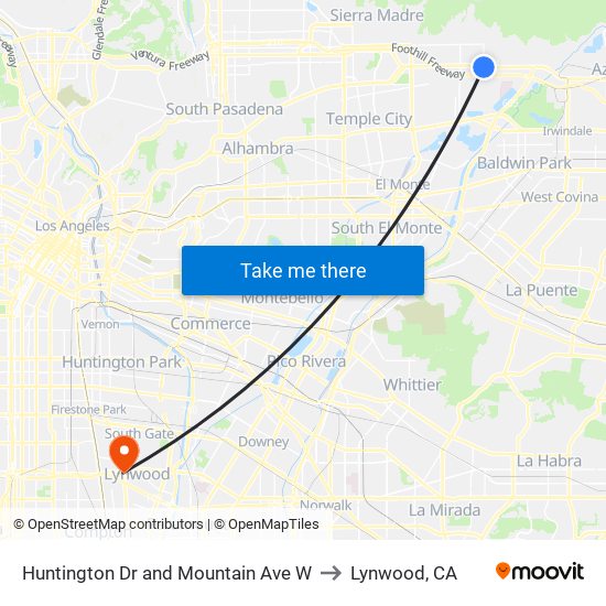 Huntington Dr and Mountain Ave W to Lynwood, CA map