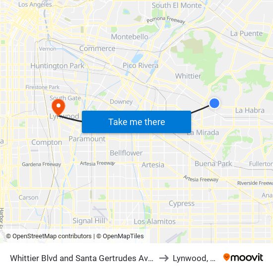 Whittier Blvd and Santa Gertrudes Ave S to Lynwood, CA map