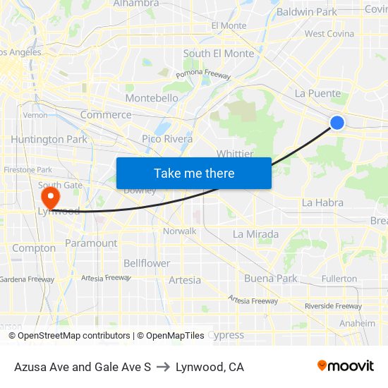 Azusa Ave and Gale Ave S to Lynwood, CA map