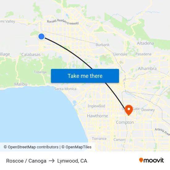 Roscoe / Canoga to Lynwood, CA map