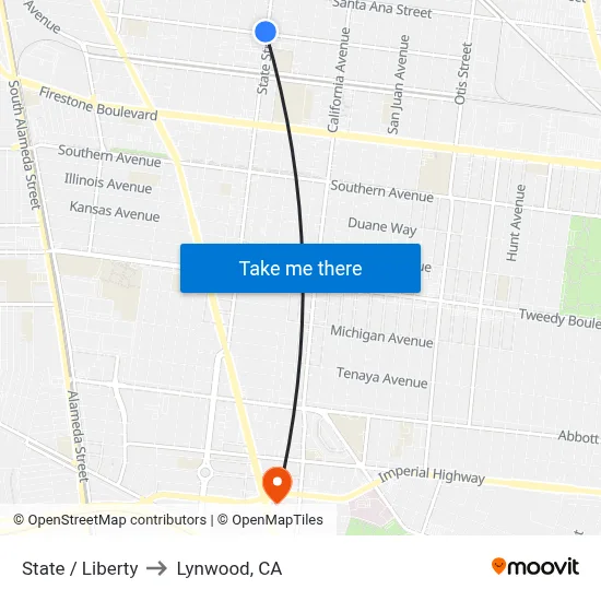 State / Liberty to Lynwood, CA map