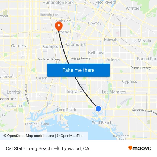Cal State Long Beach to Lynwood, CA map