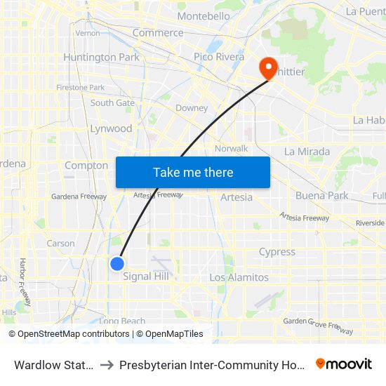 Wardlow Station to Presbyterian Inter-Community Hospital map