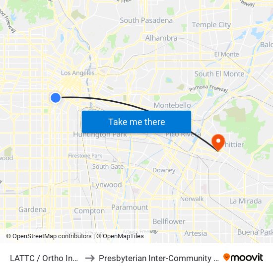 LATTC / Ortho Institute to Presbyterian Inter-Community Hospital map