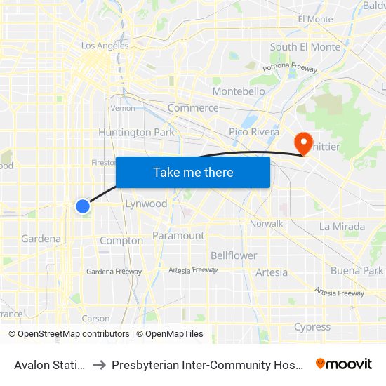 Avalon Station to Presbyterian Inter-Community Hospital map