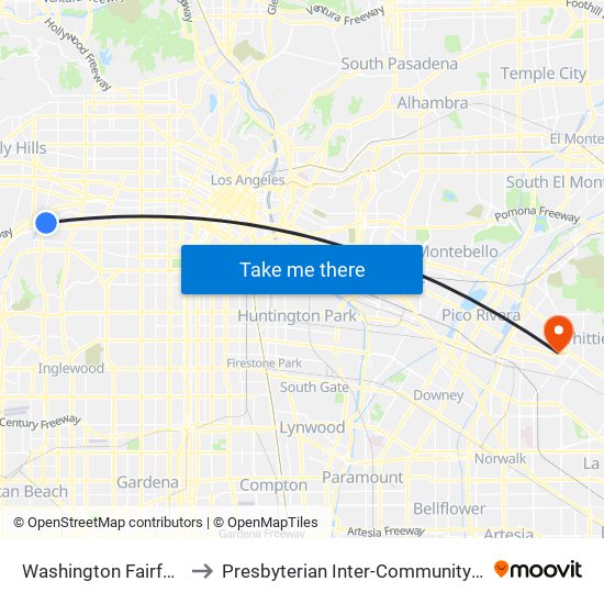 Washington Fairfax Hub to Presbyterian Inter-Community Hospital map