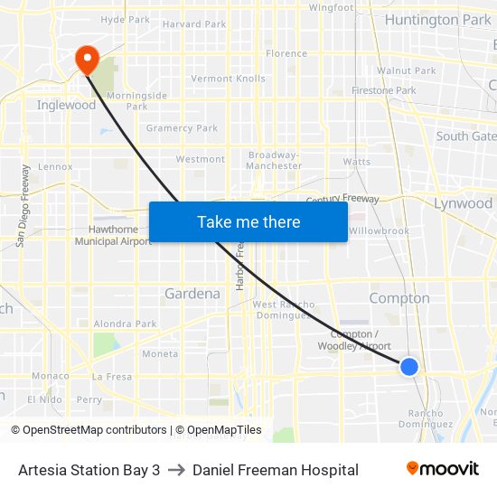 Artesia Station Bay 3 to Daniel Freeman Hospital map