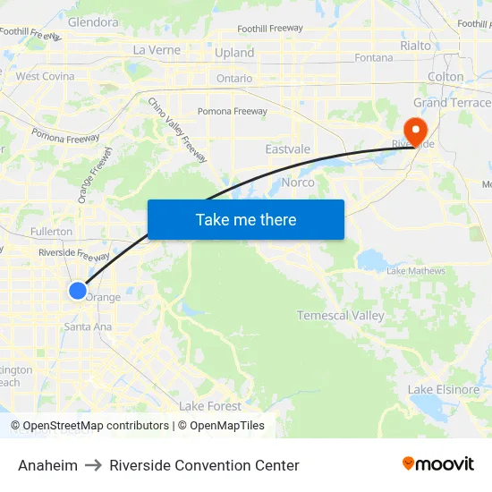 Anaheim to Riverside Convention Center map