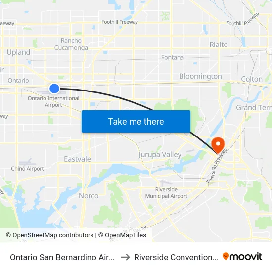 Ontario San Bernardino Airport ONT to Riverside Convention Center map
