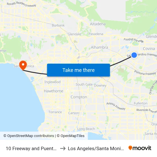 10 Freeway and Puente Ave W to Los Angeles/Santa Monica beach map