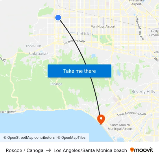 Roscoe / Canoga to Los Angeles/Santa Monica beach map