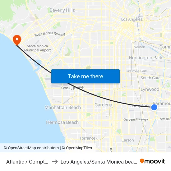 Atlantic / Compton to Los Angeles/Santa Monica beach map
