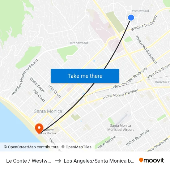 Le Conte / Westwood to Los Angeles/Santa Monica beach map