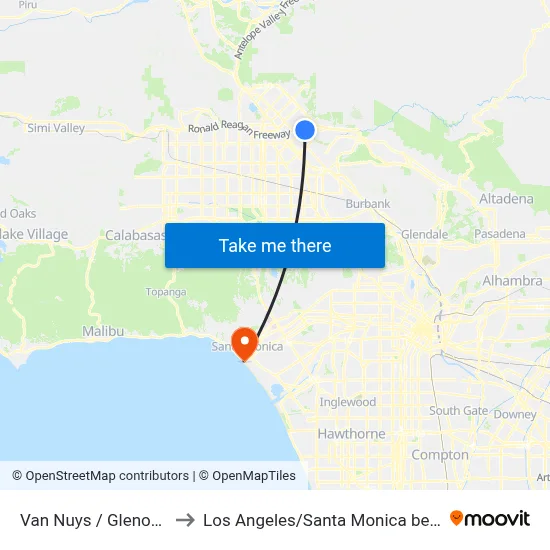 Van Nuys / Glenoaks to Los Angeles/Santa Monica beach map
