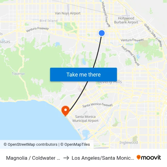 Magnolia / Coldwater Canyon to Los Angeles/Santa Monica beach map