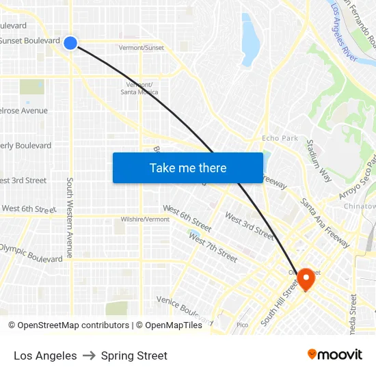 Los Angeles to Spring Street map