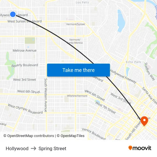 Hollywood to Spring Street map
