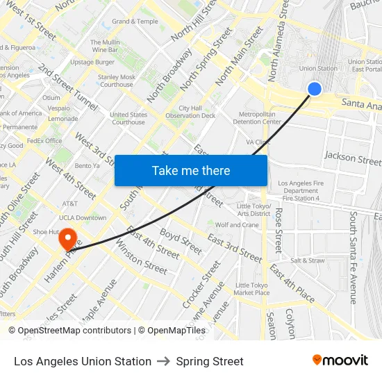 Los Angeles Union Station to Spring Street map