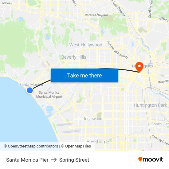 Santa Monica Pier to Spring Street map