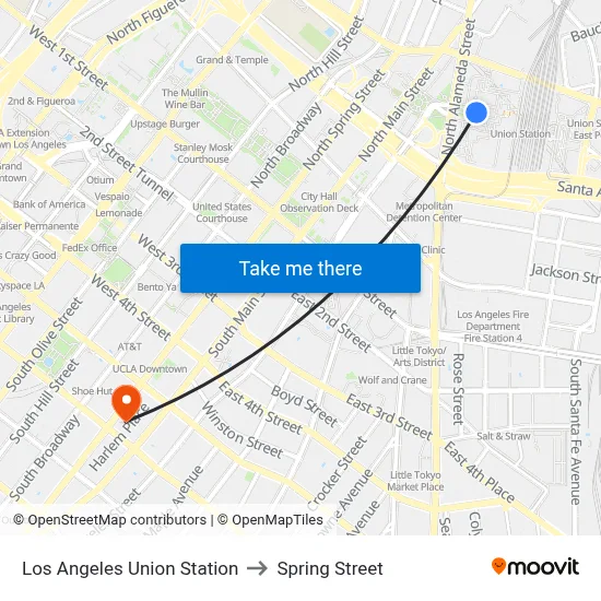 Los Angeles Union Station to Spring Street map