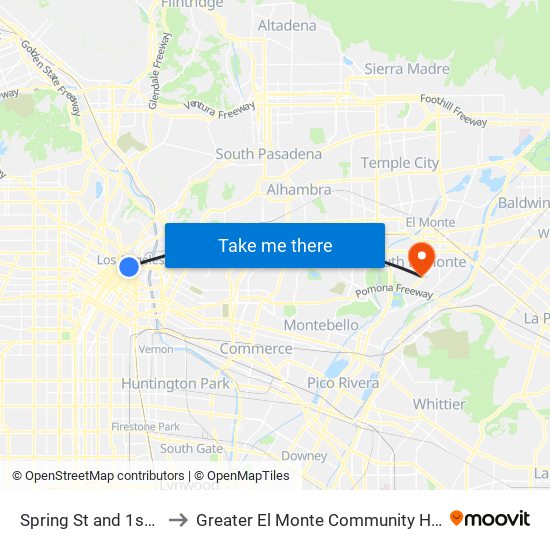 Spring St and 1st St E to Greater El Monte Community Hospital map