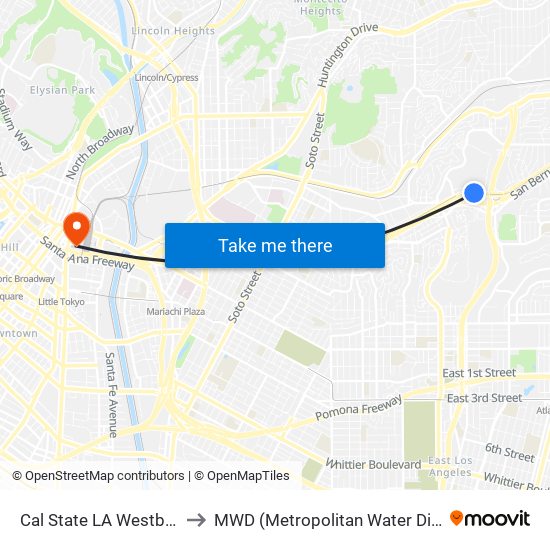 Cal State LA Westbound to MWD (Metropolitan Water District) map