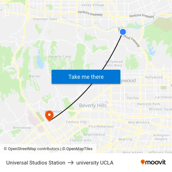 Universal Studios Station to university UCLA map