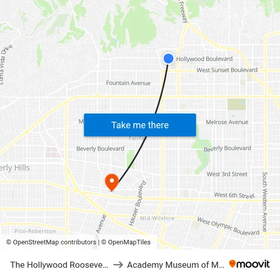 The Hollywood Roosevelt Los Angeles to Academy Museum of Motion Pictures map
