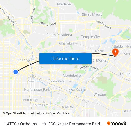 LATTC / Ortho Institute to FCC Kaiser Permanente Baldwin Park map