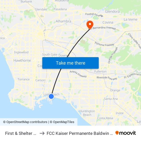 First & Shelter C N to FCC Kaiser Permanente Baldwin Park map