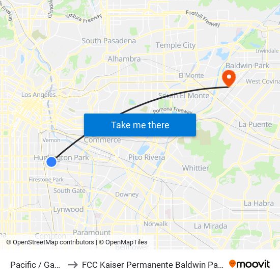 Pacific / Gage to FCC Kaiser Permanente Baldwin Park map
