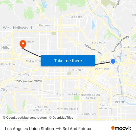 Los Angeles Union Station to 3rd And Fairfax map