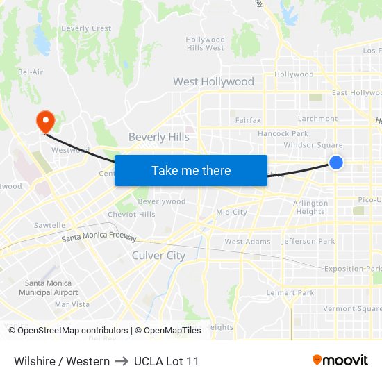 Wilshire / Western to UCLA Lot 11 map